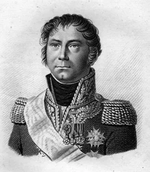 Porträt von General Becker, der Napoleon I. 1815 zu seinem Einschiffungsort nach St. Helena nach den 100 Tagen begleitete - in „Portraits des Généraux Français“. Graviert von Ambroise Tardieu im Jahr 1818. Stella Sammlung
