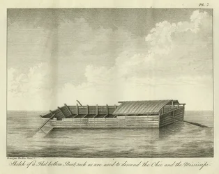 Skizze eines flachen Bodenbootes, wie sie zum Abstieg des Ohio und Mississippi verwendet werden, veröffentlicht 1826