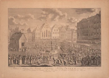 Die Krönungsprozession von Franz II. vom Frankfurter Dom zum Römerberg im Juli 1792