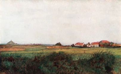 Der Bauernhof von La Belle Alliance und der Hügel mit dem belgischen Löwen, Waterloo