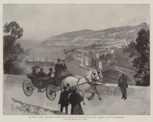 Die Königin in Cimiez, Ihre Majestät kehrt von einer Fahrt auf der Villefranche-Straße zurück, HMS Cambrian liegt vor Villefranche