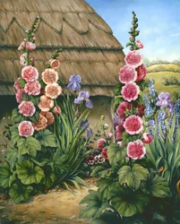 Cottage-Garten mit Stockrosen, 1995