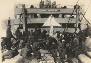 Pionier-Infanteriebataillon auf dem Truppenschiff U.S.S. Philippine aus dem Hafen von Brest, Frankreich, 18. Juli 1919