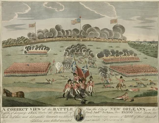 Eine korrekte Ansicht der Schlacht bei der Stadt New Orleans, veröffentlicht ca. 1815 (handkolorierte Gravur)