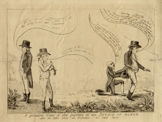 Eine echte Ansicht der Parteien in einer Ehrensache nach dem fünften Schuss in Hoboken, 31. Juli 1802