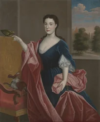 Eine Dame aus dem Hudson Valley mit Hund und Papagei, um 1720-30