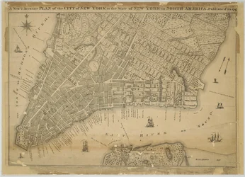 Ein neuer und genauer Plan der Stadt New York im Staat New York in Nordamerika, veröffentlicht 1797, 1797 (schwarze und farbige Tinte auf Papier, mit Stoff hinterlegt)