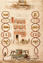 Werbung für Abraham Vanness, Feuerwehrgerätebauer und Hersteller von Feuerlöschgeräten, veröffentlicht von Geo. G. Gratacap, New York, ca. 1850