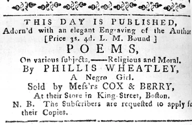 Anzeige für Phillis Wheatleys erstes Buch, aus der Boston Gazette, 7. Februar 1774