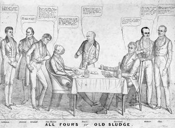 All Fours oder Old Sludge, politische Karikatur, die Präsident Martin Van Buren (1782-1862) zeigt, wie er Karten gegen William Henry Harrison (1773-1841) spielt, umgeben von anderen Staatsmännern und Politikern, 1836