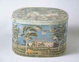 Hutschachtel mit blockbedrucktem Papier, das eine Ansicht eines Schlosses zeigt, ca. 1835