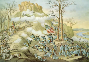 Schlacht am Lookout Mountain, 24. November 1863, graviert von Kurz & Allison