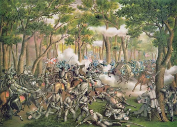 Schlacht in der Wilderness, Mai 1864, graviert von Kurz & Allison