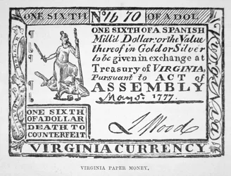Schein über ein Sechstel eines Dollars, Papiergeld von Virginia aus dem Jahr 1777