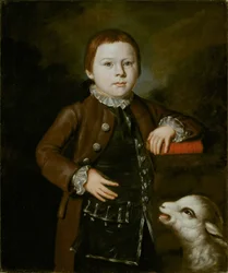 Junge der Familie Hallett mit Lamm