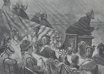 Brigham Young beobachtet von seinen vielen jungen Frauen beim Predigen im Großen Mormonentempel, Utah