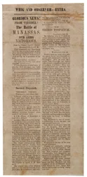 Flugblatt zur Ankündigung der Ersten Schlacht von Manassas, Whig und Observer Extra, nach dem 22. Juli 1861