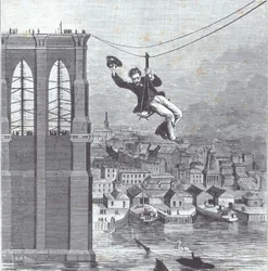 Brooklyn Bridge im Bau; Herr Farrington, Chefkonstrukteur, überquert als Erster die Spannweite zwischen den beiden Pylonen am 25. August 1876 (Gravur)