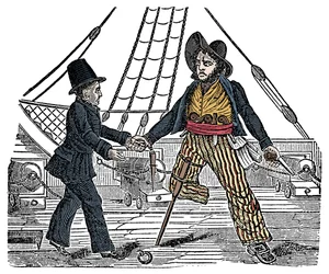 Kapitän Mackra und der Pirat mit Holzbein. Gravur aus „The Pirates Own Book“ 19. Jahrhundert