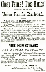Günstige Farmen und freie Häuser an der Union Pacific Railroad Linie, Anzeige aus Appletons Journal, 4. Mai 1872
