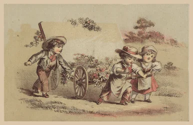 Kinder ziehen Wagen mit Blumen