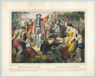 Christoph Kolumbus unter den Indianern (Farblithografie)