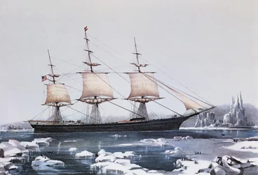 Klipperschiff Red Jacket im Eis vor Kap Hoorn auf ihrer Passage von Australien nach Liverpool, veröffentlicht von Currier und Ives, 1854