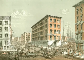 Ecke Clark und South Water Street, aus Chicago Illustrated, mit literarischen Beschreibungen von James W. Sheahan, veröffentlicht von Jevne & Almini, Chicago, 1866-67