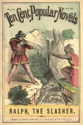 Titelblatt des Buches „Ten cent popular novels - Ralph, the Slasher“, Nr. 39. American News Company. Ein Indianer und ein Weißer im Duell. Anfang 20. Jahrhundert