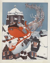Amor fährt auf dem Schlitten des Weihnachtsmanns mit