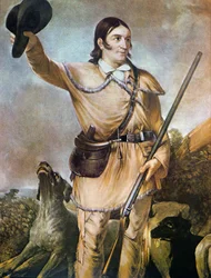 David (Davy) Crockett (1786-1836) mit seinen Jagdhunden im Jahr 1836