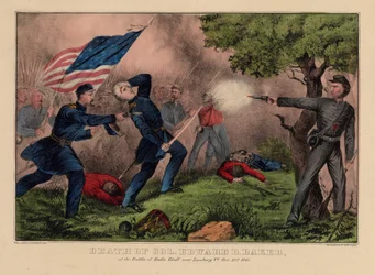 Tod von Col. Edward D. Baker, in der Schlacht von Balls Bluff bei Leesburg VA., 21. Oktober 1861, veröffentlicht von Currier & Ives, ca. 1861