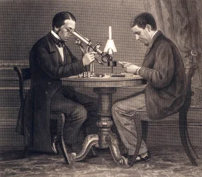 Frühe Wissenschaftler beim Mikroskopieren