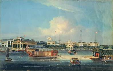 Fabriken in Kanton, vom Hafen aus, China, 1850