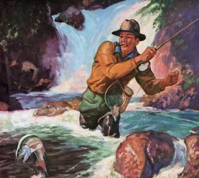 Fliegenfischer in einem Fluss, der eine Bachforelle fängt