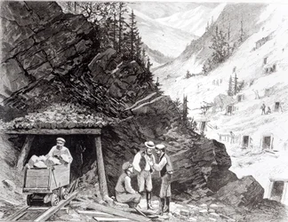 Gold- und Silberbergbau, Colorado - Ein durchlöcherter Berg, nach einer Zeichnung von Frenzeny und Tavernier