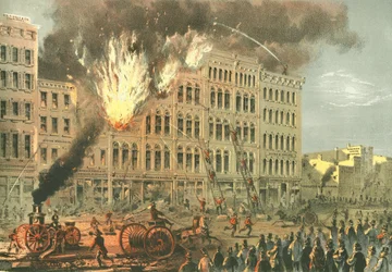 Großes Feuer in der Lake Street, aus Chicago Illustrated, mit literarischen Beschreibungen von James W. Sheahan, veröffentlicht von Jevne & Almini, Chicago, 1866-67