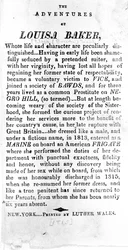 Einführungsseite zu The Adventures of Louisa Baker, gedruckt von Luther Wales, New York, 1815
