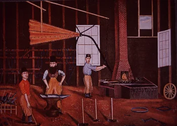 John Mohler Studebaker (Mitte), deutsch-amerikanischer Wagenbauer in der Werkstatt, ca. 1858