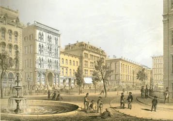 LaSalle Street vom Courthouse Square, aus Chicago Illustrated, mit literarischen Beschreibungen von James W. Sheahan, veröffentlicht von Jevne & Almini, Chicago, 1866-67