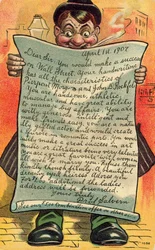 Mann liest einen schmeichelhaften Brief über seine Karrierechancen (Farblithografie)