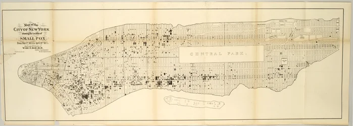 Karte der Stadt New York mit den Pockenfällen vom 1. Mai 1874 bis 30. April 1875