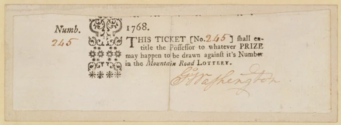 Mountain Road Lotterielos, signiert von George Washington (1732-99) 1768