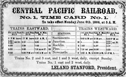 Fotografischer Druck des ursprünglichen Fahrplans der Central Pacific Railroad Company vom 6. Juni 1864