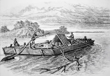 Pionierflachboot auf dem Mississippi, ca. 1840 (Gravur)