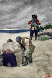 Pirat Captain William Kidd (1645-1701) vergräbt seinen Schatz auf Gardiner
