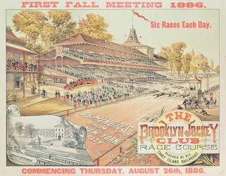 Plakat, das die Brooklyn Jockey Club Rennbahn bewirbt, 1886