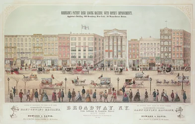 Plakat einer Ansicht von Broadway, von Anthony bis Franklin Street, das Robinsons Patent Handnähmaschine bewirbt, 1855