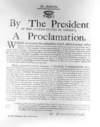 Proklamation von Präsident George Washington, der den Donnerstag, den 19. Februar als Tag des öffentlichen Dankes und Gebets festlegt, 1795