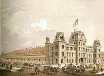 Bahnhof, aus Chicago Illustrated, mit literarischen Beschreibungen von James W. Sheahan, veröffentlicht von Jevne & Almini, Chicago, 1866-67